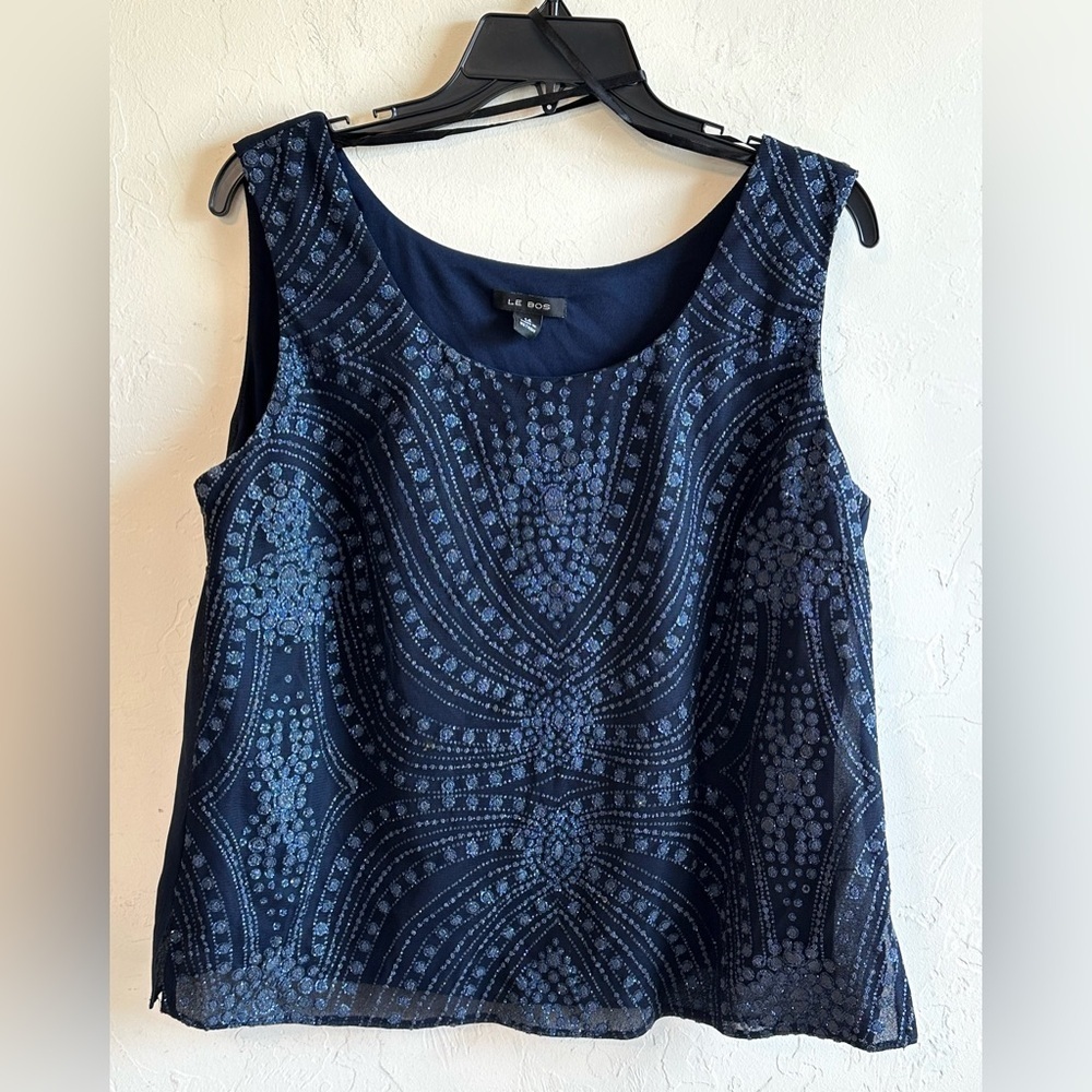 Le Bos Elegant Navy Blue Sparkling Glittery Shimmer Sleeveless Blouse Top Sz 14
